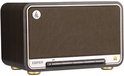 Edifier D32 luidspreker met houten afwerking, metalen grille, zilveren rand en gouden voetjes.