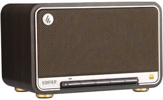 Edifier D32 luidspreker met houten afwerking, metalen grille, zilveren rand en gouden voetjes.