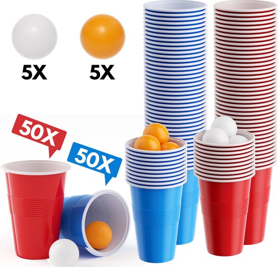 Beerpong Bekers 50 stuk(s) Blue cups & 50 stuk(s)Red cups Inc. 10 ballen - Beerpong Drankspel - Plastic bekers