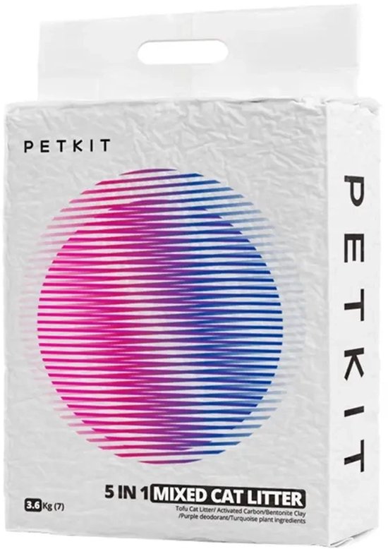 Witte doos PETKIT 5 IN 1 MIXED CAT LITTER met een cirkelvormig roze-paars patroon en productdetails.