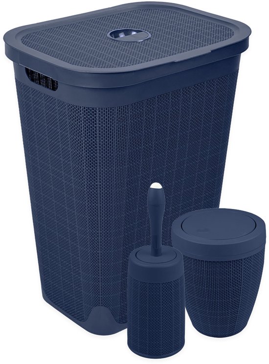 Panier à linge 60 litres - Brosse WC - Poubelle de salle de bain - Set 'Toile de jute' - Bleu foncé