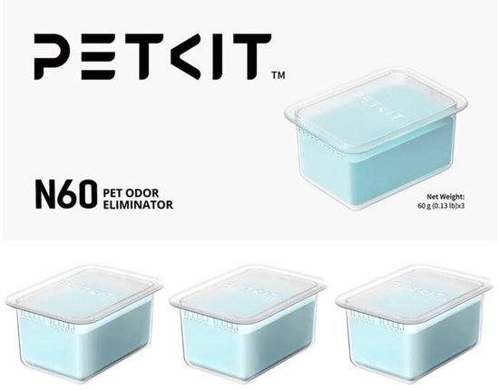 Drie blauwe PETKIT geurverwijderaar bakjes naast elkaar, met de verpakking op de achtergrond.
