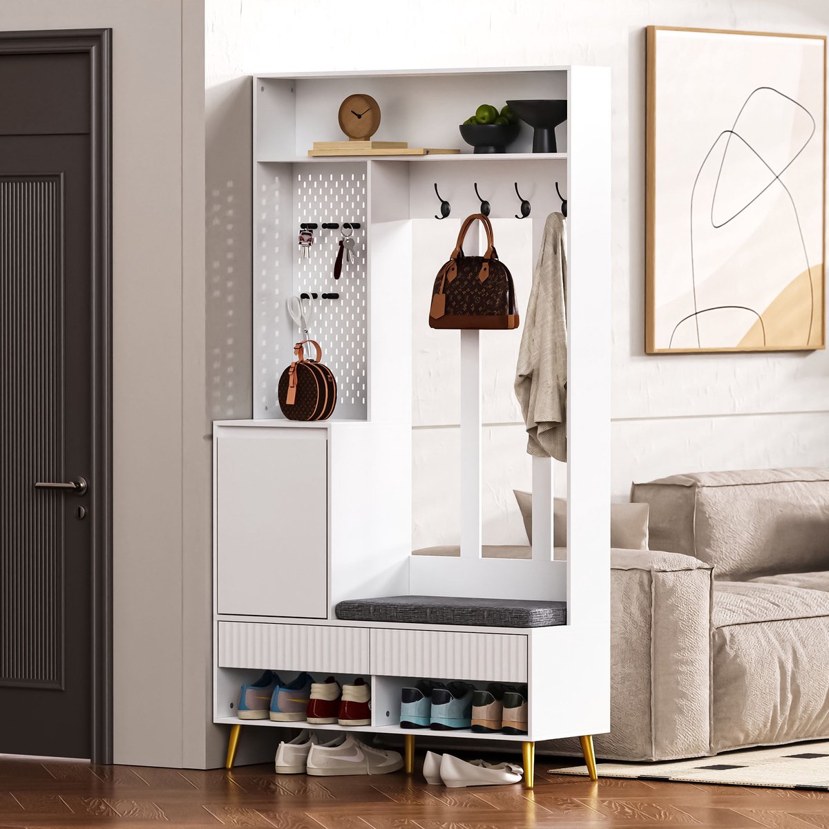 Gutent Wandgarderobe - met schoenenbank - met 4 jashaken - 2 laden - 1 deur - Wit- 100 L x 35 B x 180 H cm
