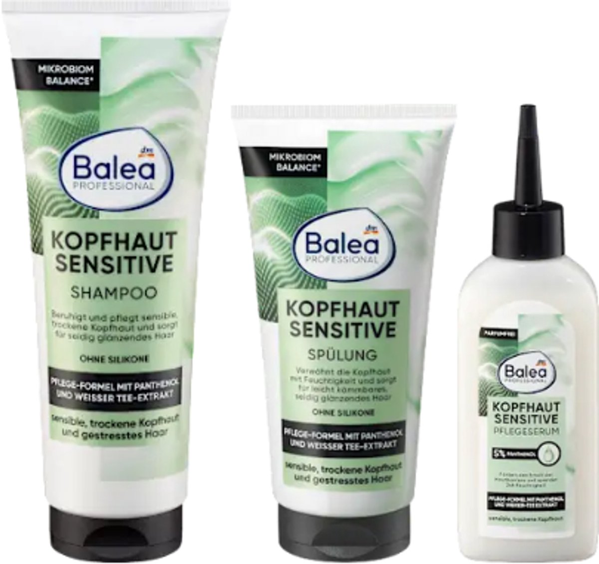 Balea Professional Hoofdhuid Sensitive - Set van 3 - Shampoo, Conditioner & Serum | Combiverpakking 1x250 ml, 1x 200ml 1x 150ml - Met Panthenol & Witte Thee-extract - Parfumvrij