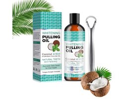 Oil Pulling Mondspoeling - Whitening Mondwater – Oil pulling - Kokos en Munt – Met Tongschraper – Natuurlijke Mondverzorging met Aloe Vera – Voor Witte Tanden en Frisse Adem – Hypoallergeen – Reisset voor Thuis en Reizen