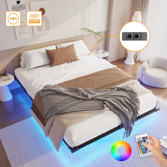 Lit double, 190 x 140 x 25 cm, cadre de lit plateforme standard avec Siècle des Lumières LED, Prises électriques et USB, Lattes métalliques, grand espace de rangement sous le lit, Geen besoin de sommier, montage facile, Zwart