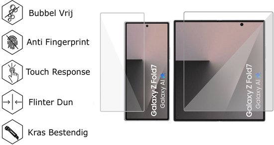 Deux protections d'écran pour Samsung Galaxy Z Fold. Sans bulles, anti-traces de doigts, tactile, fine et résistante aux rayures.