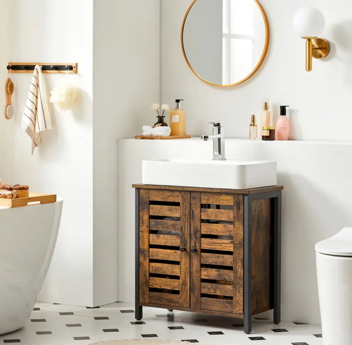 Loire Design PICKO Industrieel Badkamermeubel – 60x30x60 cm – Houten Opbergkast met Louvreluiken & Verstelbare Plank