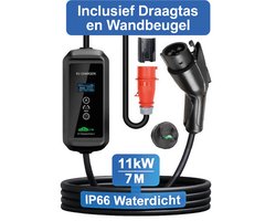 Mobiele Thuislader Elektrische Auto 11kW + Draagtas & Wandbeugel | IP67 Waterdicht | 16A 3 Fase | 7 Meter | Type 2 Thuis Lader | 8A/10A/13A/16A Schakelbaar |
