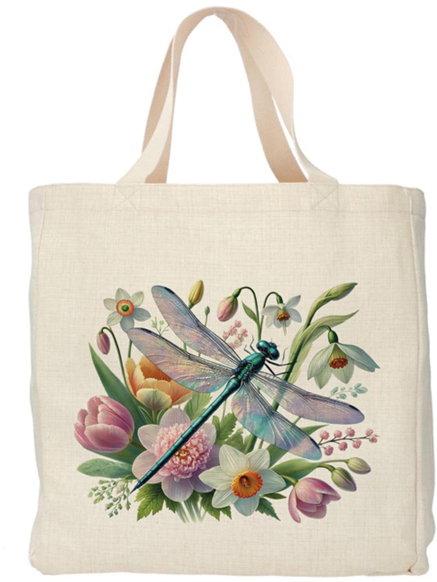 Shopper - Totebag - Boodschappentas | Bloemen - Libelle | Duurzaam - Linnenlook - 48x38cm