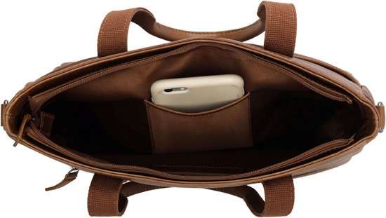 Bruine leren tas, van bovenaf gezien, met een open vak voor een smartphone.