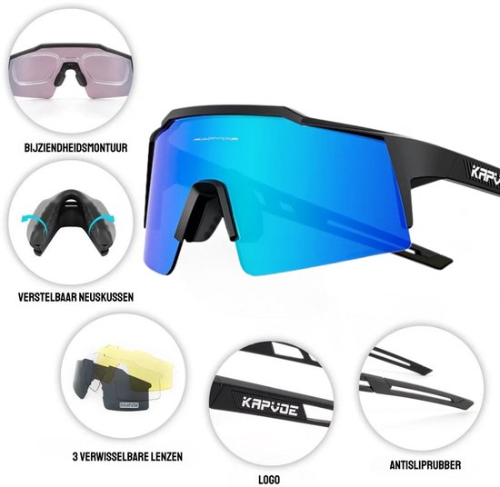 KAPVOE sportbril met blauwe glazen, met verwijderbare neuspad, verwisselbare glazen en logo.