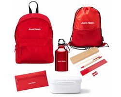 Terug naar (basis)school gepersonalisseerd Rood pakket Rugzak, etui, potloden en liniaal, gymtas, drinkfles, broodtrommel