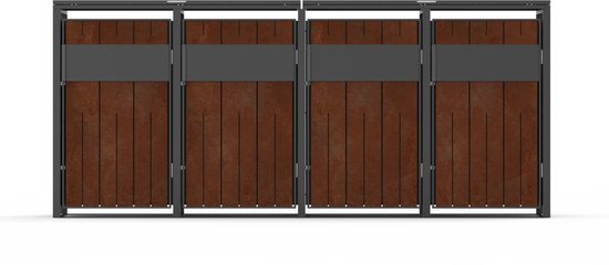 Containerberging voor vier kliko's met roestbruine panelen en grijs metalen frame.