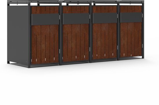 Grijze containerberging met vier roestbruine deuren, getoond vanuit een hoek.