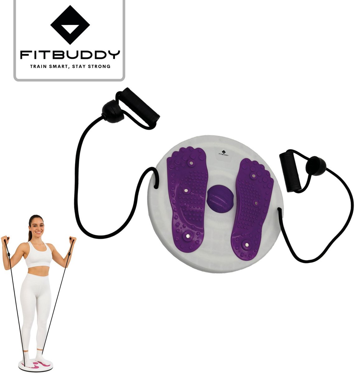 FitBuddy Twister Board met Handvaten en Elastieken – Balans- en Core Trainingsbord voor Thuisfitness – Verbeter Balans, Coördinatie en Taille (kleur paars)