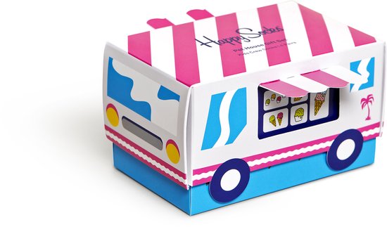 Doosje in de vorm van een ijscowagen met roze strepen.