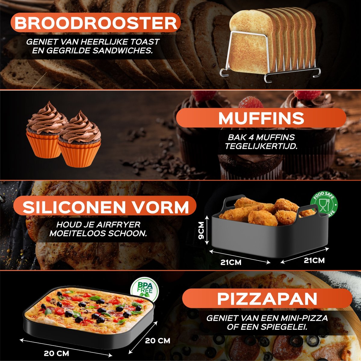 Airfryer Accessoires Set XXL voor Philips, Princess, Ninja – Siliconen Bakje, Bakvormen, Grillrek, E-Book - Afbeelding 4