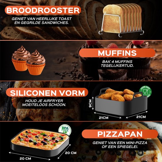 Accessoires voor airfryer: broodrooster, muffinvormpjes, 21x21x9 cm siliconen bakvorm en pizzapan van 20x20 cm.