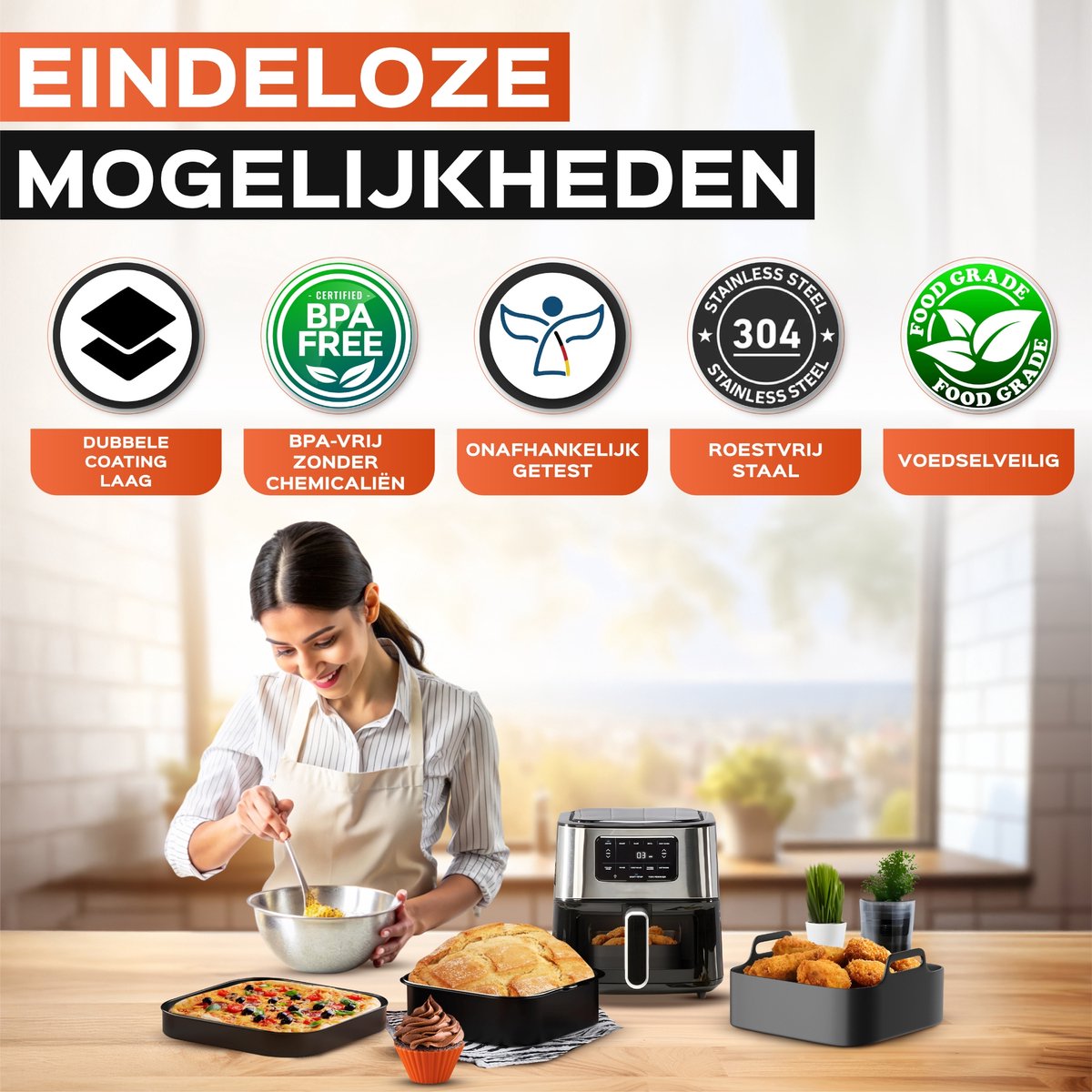Airfryer Accessoires Set XXL voor Philips, Princess, Ninja – Siliconen Bakje, Bakvormen, Grillrek, E-Book - Afbeelding 5