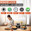 Vrouw bereidt eten met airfryer. Productkenmerken: dubbele coating, BPA-vrij, getest, RVS 304, voedselveilig.