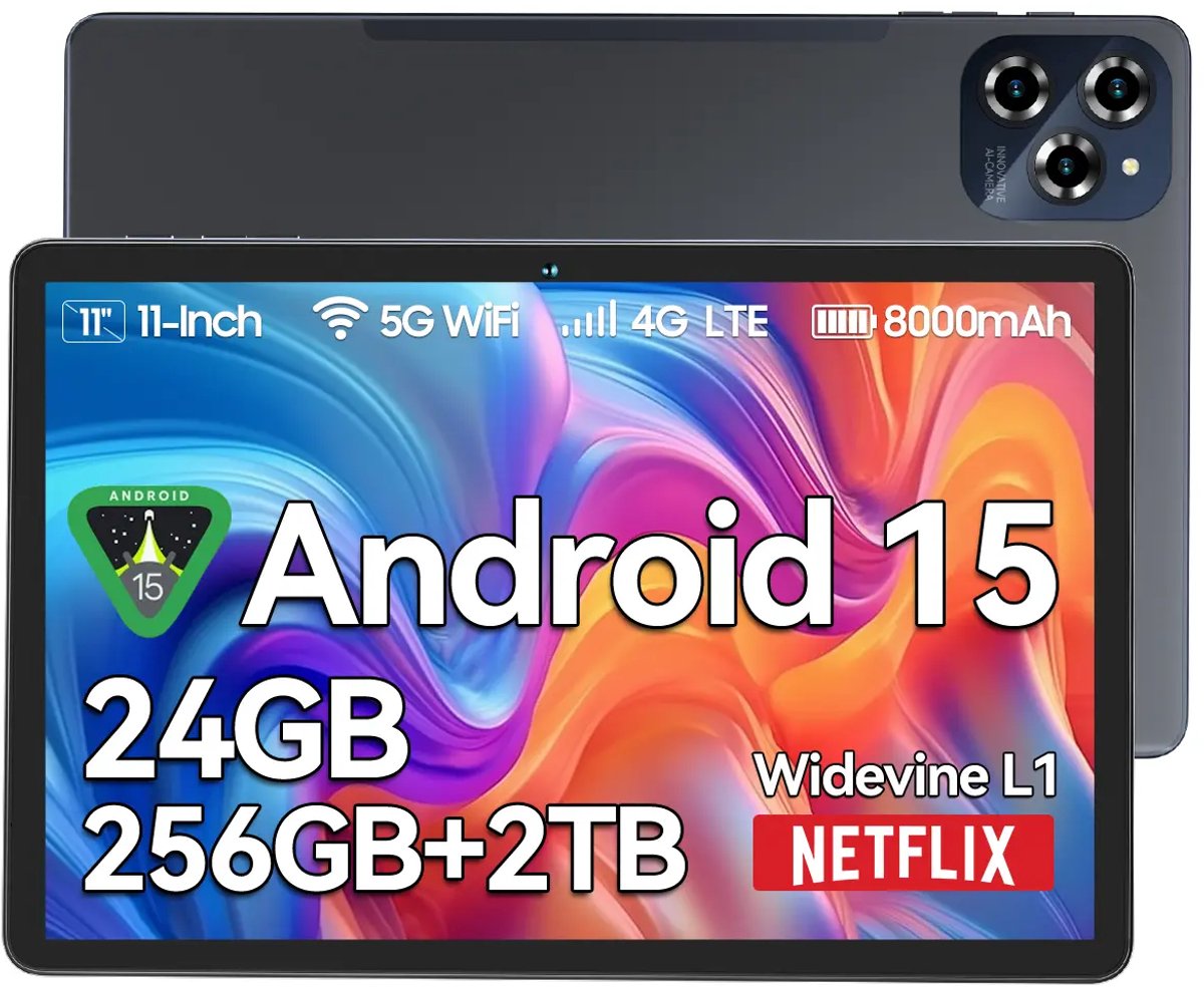 KINGRID Tablet - W90 Tablet - 24GB RAM - 256GB - 4G Dubbele Simkaart - WiFi 6 - 11 inch - 8000mAh- Android 15 -Octa Core - NETFLIX - Grijs
