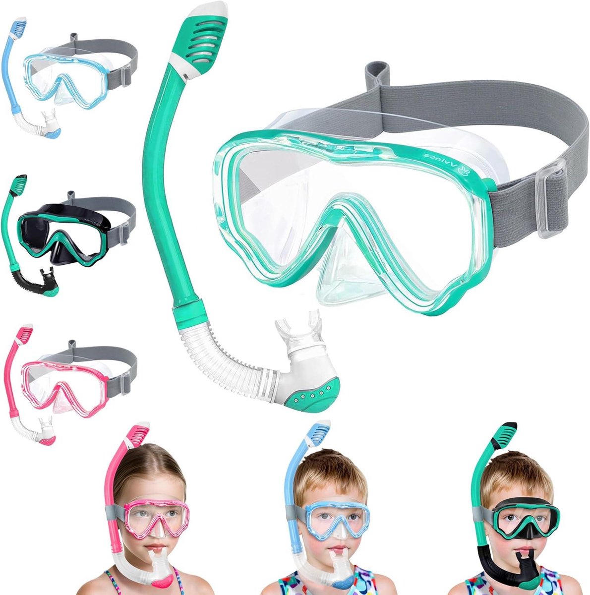 Snorkelset voor kinderen van 4 tot 14 jaar - Duikbril met snorkel - 180 graden anti-condens - Verstelbare zwembril snorkelmasker voor meisjes en jongens