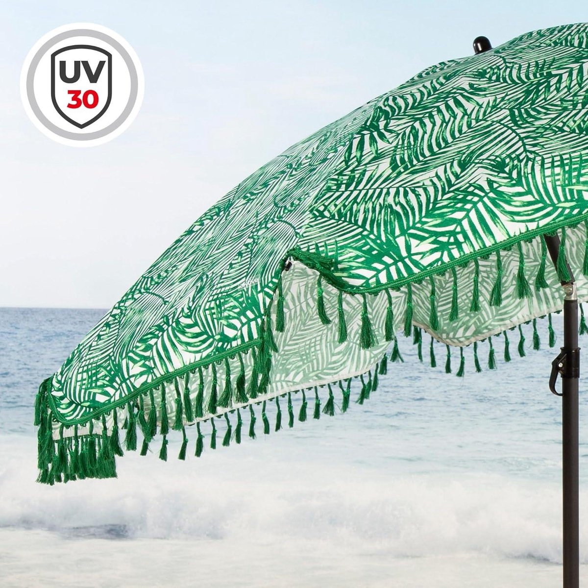 Strandparasol 180 cm met franjes varenpatroon UV30-bescherming 8 robuuste ribben Draagtas