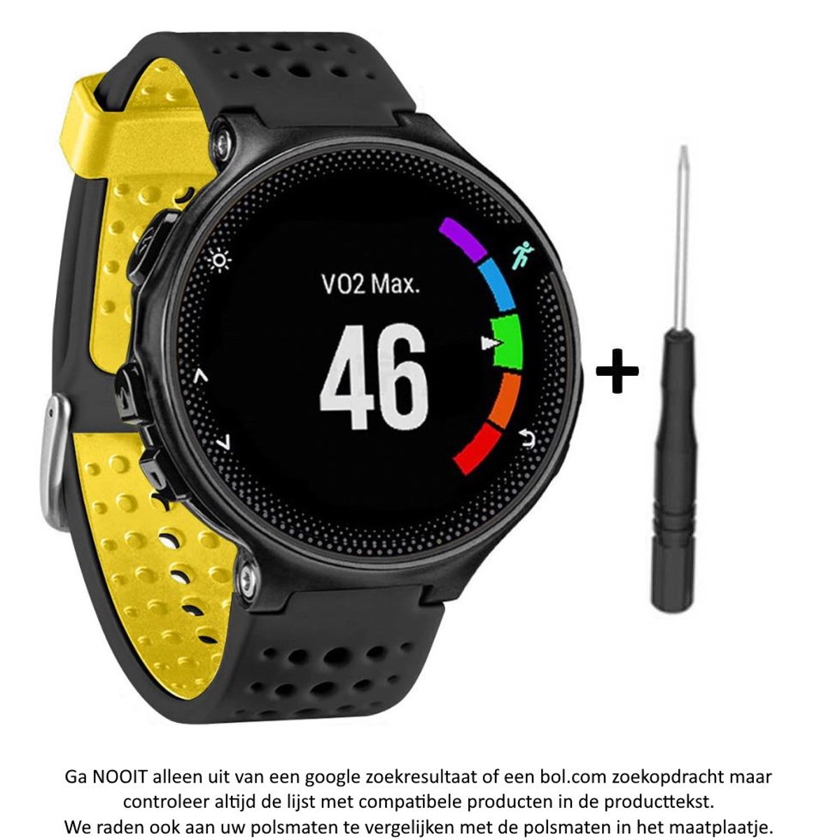 Zwart geel siliconen horlogebandje geschikt voor de Garmin Forerunner 220, 230, 235, 620, 630, 735XT, Approach S20, S5 S6 - Maat: zie maatfoto - horlogeband - polsband - strap - siliconen - rubber