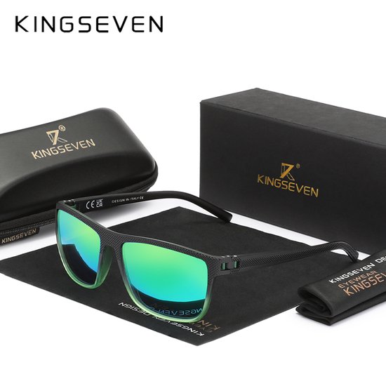 KINGSEVEN Zonnebril 755 - Zwart-Groen – Heren - Vrouwen - Gepolariseerd - UV400 - Rechthoek