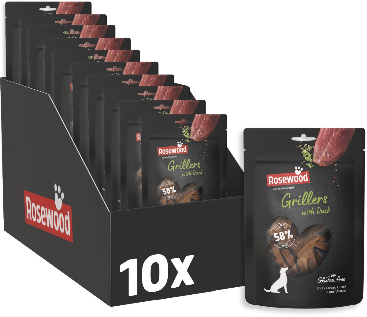 Rosewood Grillers Eend – Zachte Hondensnack met 58% Eend – Met Natuurlijke Ingrediënten – Zonder Kunstmatige Toevoegingen – 10 x 100 g