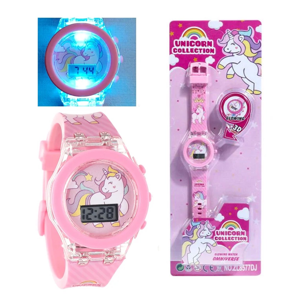Unicorn Kinderhorloge - Verstelbare Digitale Horloge met Feestlichtjes - Thema: Unicorn - Kleur Roze - Kinderhorloge - Perfecte cado voor Kids en Unicorn Fans - Horloge Kast: 3.3cm, Horloge Band: 22cm
