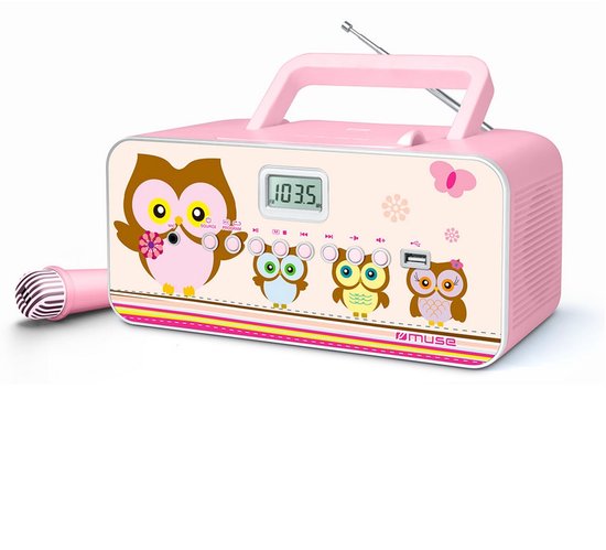 Roze radio met microfoon en uiltjesdecoratie.