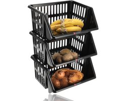 Stapelkrat Zwart 3 Stuks – Groentemand & Fruitmand Keuken – Opbergmand Aardappelen Uien – Keukenrek met Manden – Fruitrek Voorraadkast – Discountershop