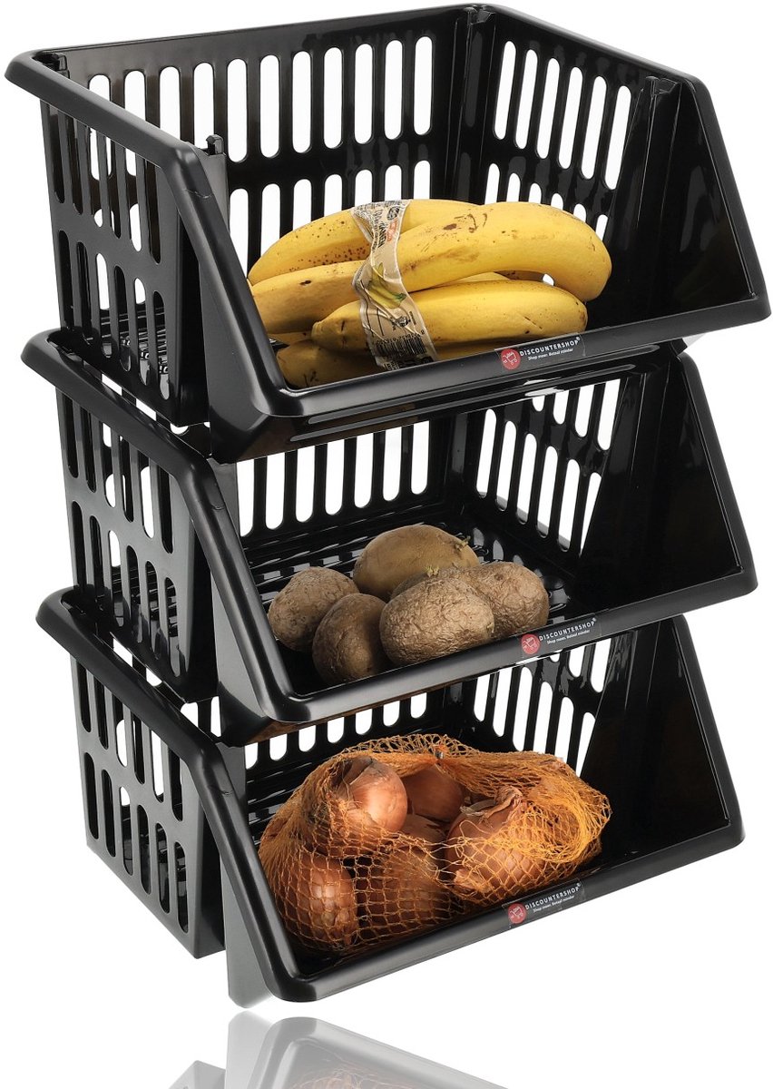 Stapelkrat Zwart 3 Stuks – Groentemand & Fruitmand Keuken – Opbergmand Aardappelen Uien – Keukenrek met Manden – Fruitrek Voorraadkast – Discountershop