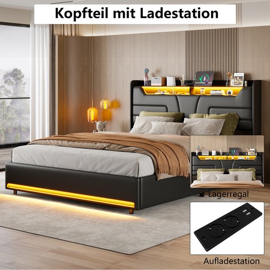 Lit double noir avec tête de lit de rangement, lumières intégrées et chargeur.