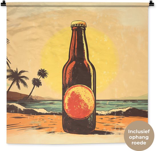 Wandkleed 90x90 cm - Wanddoek Bierfles - Zonsondergang - Palmbomen - Zee - Wandtapijt - Wandkleden