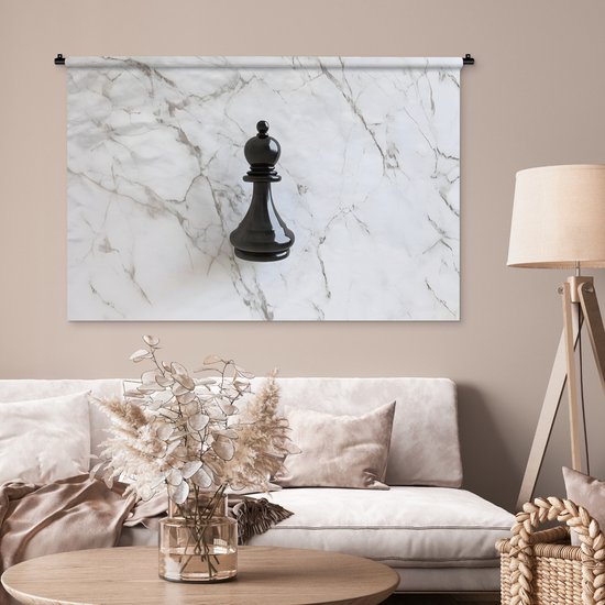 Wandkleed 120x80 cm - Wanddoek Schaakstuk - Loper - Zwart - Marmer - Wandtapijt - Wandkleden
