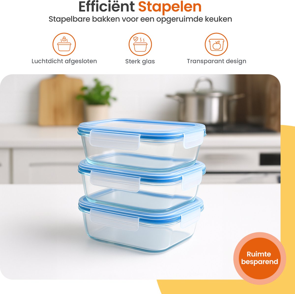 Goliving Glazen Meal Prep Bakjes - Set van 5 Vershoudbakjes - 1L - Diepvriesbakjes - Bewaarbakjes met Deksel - Diepvries, Oven en Magnetron - Glas — afbeelding 5