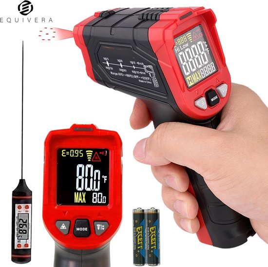 Rode en zwarte digitale infraroodthermometer met laser, bediend door een hand. Inclusief digitale thermometer en batterijen.