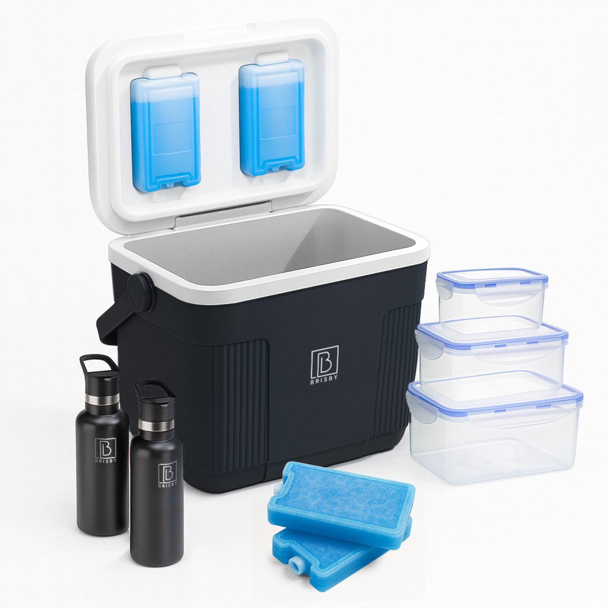 Brisby Koelbox 22L – Frigobox Zwart – Tot 40 uur isolatie – Inclusief 4x 450ml Koelelementen, 3-delige Vershoudbakjes Set en 2x 500ml Zwarte RVS Thermosflessen – Slimme sluiting – Koelelementen vast in deksel