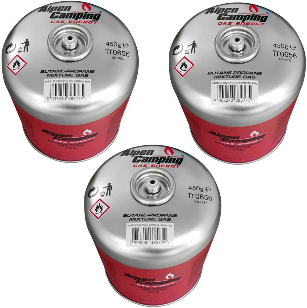 Alpen Camping - 3 stuks Gaspatroon 450g - Certificaat: Pi 0437, voldoet aan EN417, propaan-butaan, bereik -10°c tot + 40°c, 7/16" ventiel met schroefdraad IK020