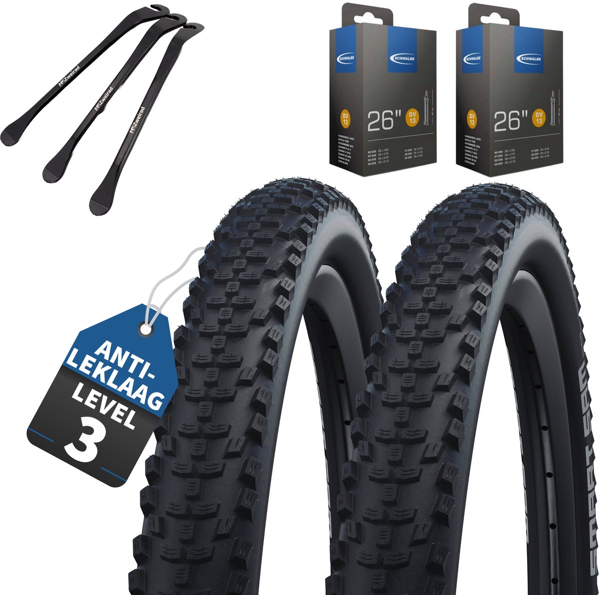 2-delige set Schwalbe fietsbanden Smart Sam K-Guard HS624, 26 inch x 2.10 inch buitenband (54-559), met binnenbanden DV / Dunlop Hollands ventiel + 3 MSZweirad bandenlichters