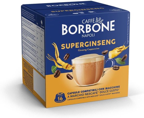 Doos Borbone Superginseng met een illustratie van een cappuccino, ginseng en koffiebonen.