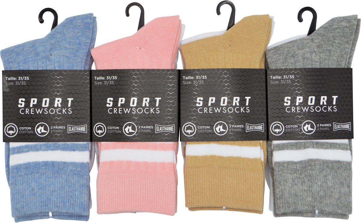 SPORTKOUSEN DAMES- JUNIOR- INTER SOCKS - CREW SOCKS - 36/40- 8 PAAR- BEIGE & WIT - GRIJS & WIT- BLAUW & WIT - ROZE & WIT