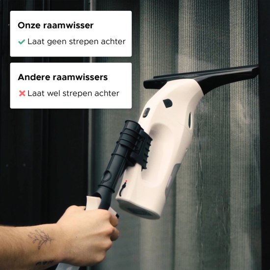 De Motionflow raamreiniger laat geen strepen achter, in tegenstelling tot andere raamwissers. Wit met zwart.