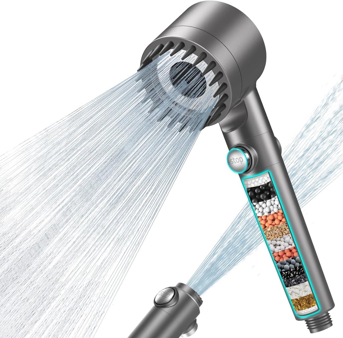 Douchekop met 15-laags filter - Hoge waterdruk, waterbesparend - Met 1,5 m slang - 3 sproeistanden + siliconen massageborstel - Verwijdert hard water / chloor - Douchekop met filter - Grijs