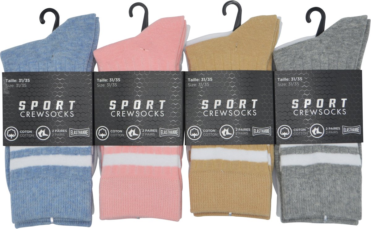 SPORTKOUSEN DAMES- JUNIOR- INTER SOCKS - CREW SOCKS - 31/35- 8 PAAR- BEIGE & WIT - GRIJS & WIT- BLAUW & WIT - ROZE & WIT