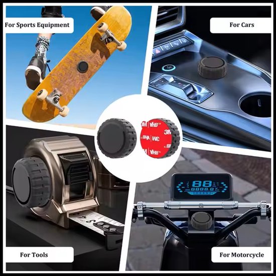 Collage die de zwarte houder toont op sportuitrusting, in auto's, gereedschap en op een motor.