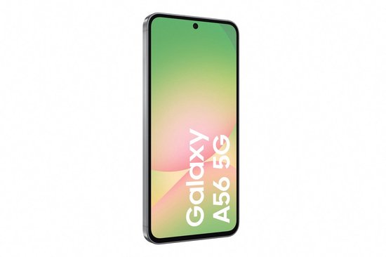 Grijze Samsung Galaxy A56 5G smartphone, scherm toont 'Galaxy A56 5G'.